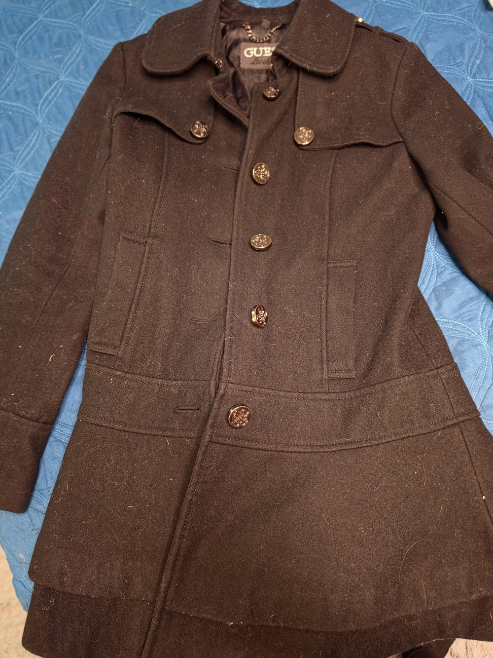 GUESS Black Coat with Branded Chain Hanger